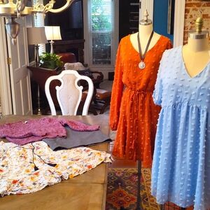 Seasonal refresh clothing lot - polka dot dresses sweater skirt L - XL